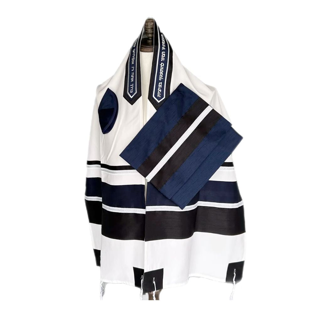 Tallit Set, Navy, Black, and Silver on Cream Wool