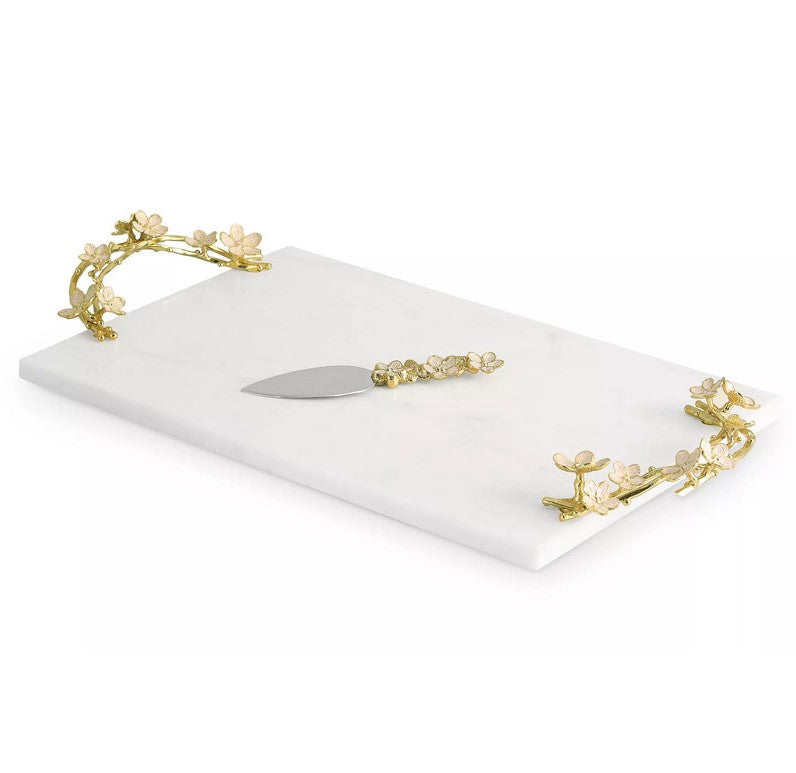 Challah Plate, Cherry Blossom Design, Painted Enamel, Stainless Steel, Goldtone, Marble