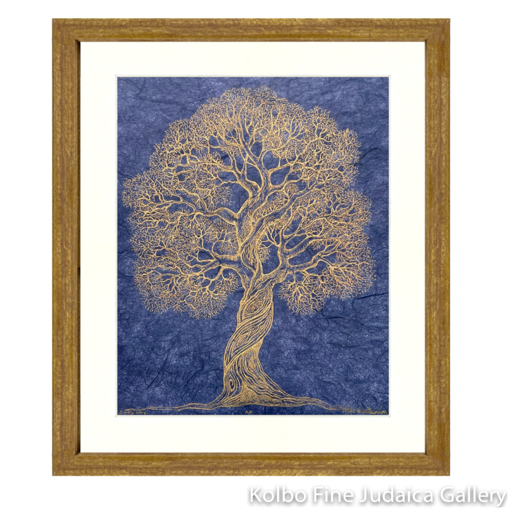 Simply Here, Hebrew and English, Tree in Gold on Cobalt Blue Handmade Paper, Etching, Framed