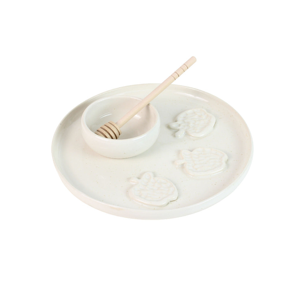 Honey and Apple Set, White Glaze with Apples, High-Fired Ceramic