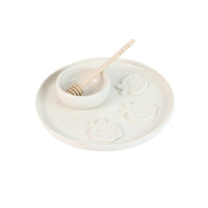 Honey and Apple Set, White Glaze with Apples, High-Fired Ceramic