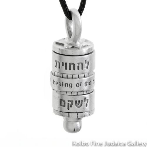 Pendant, Healing Prayer, Misheberach Spinning Cylinder, Pewter on Cord