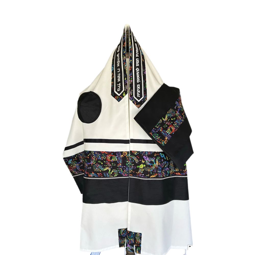 Tallit Set, Multicolor Music Design with Black Raw Silk Band, Fine White Cotton