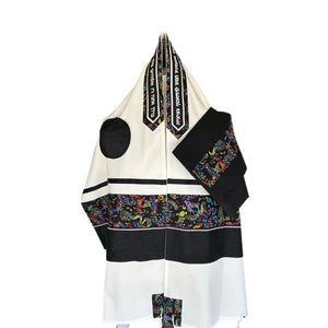 Tallit Set, Multicolor Music Design with Black Raw Silk Band, Fine White Cotton