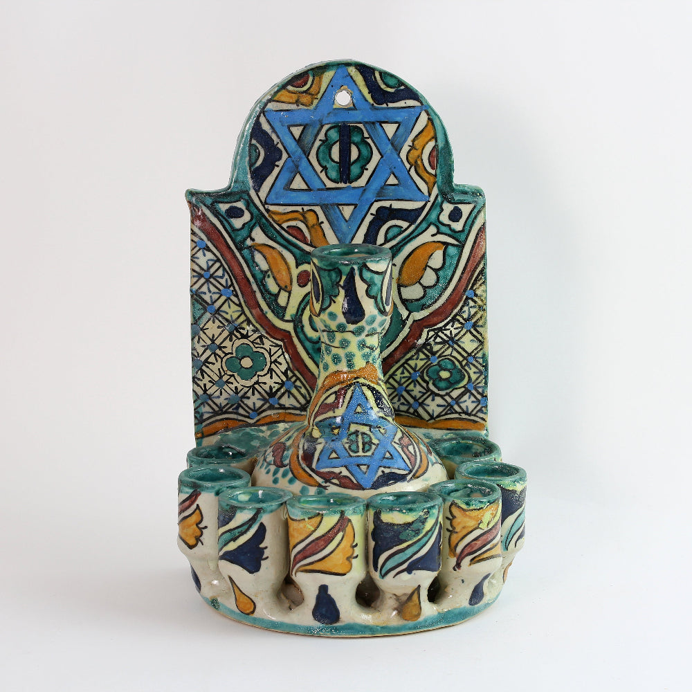 Menorah, Oil, Fountain Style, Teal Ceramic, Hand-Painted in Morocco