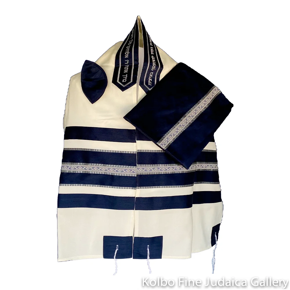 Tallit Set, White Cotton with Blue and Slate Patterned Ribbons