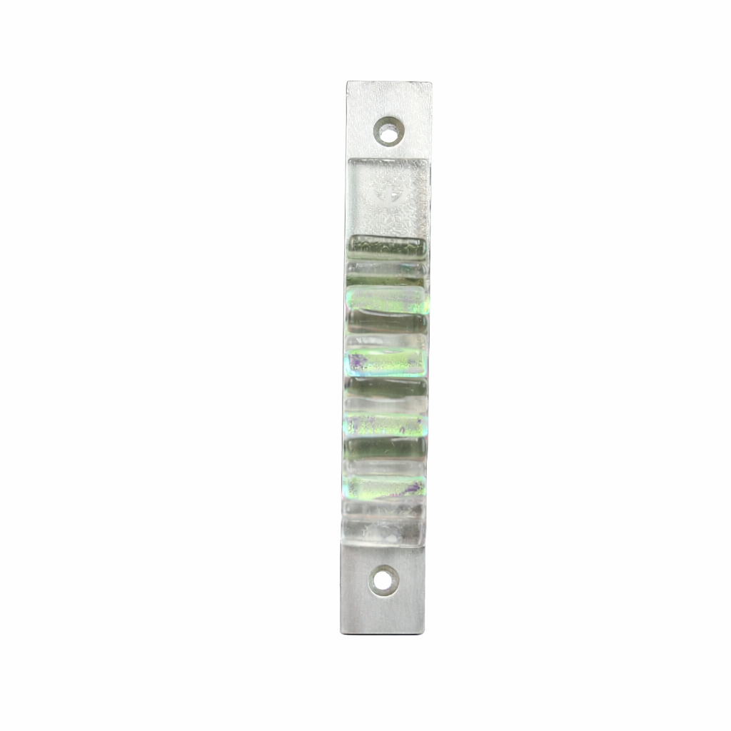 Mezuzah, Iridescent Icicle Collection, Gray, Silver, and Clear Fused Glass and Metal, Exclusive to Kolbo Design