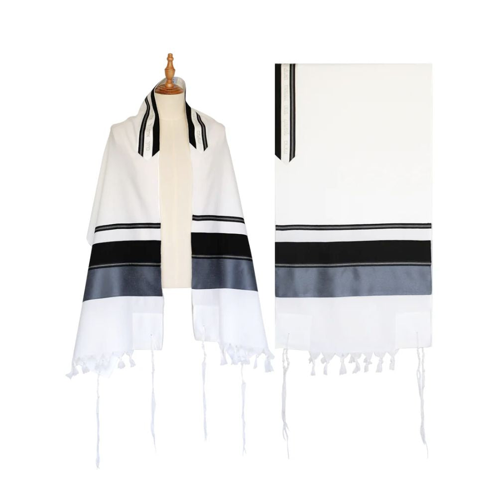 Tallit Set, Gray and Black Striping, Light Wool, Three Piece Set