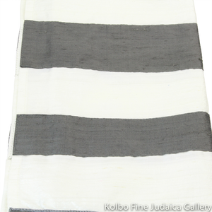 Tallit Set, Raw Silk, White with Charcoal Stripes