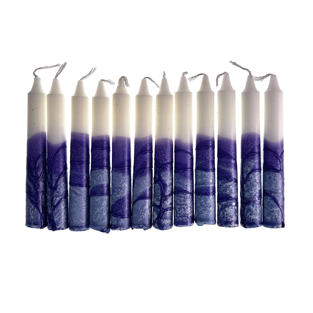 Shabbat Candles, Purple and White, Includes 12 Tapered Candles, Made in Israel