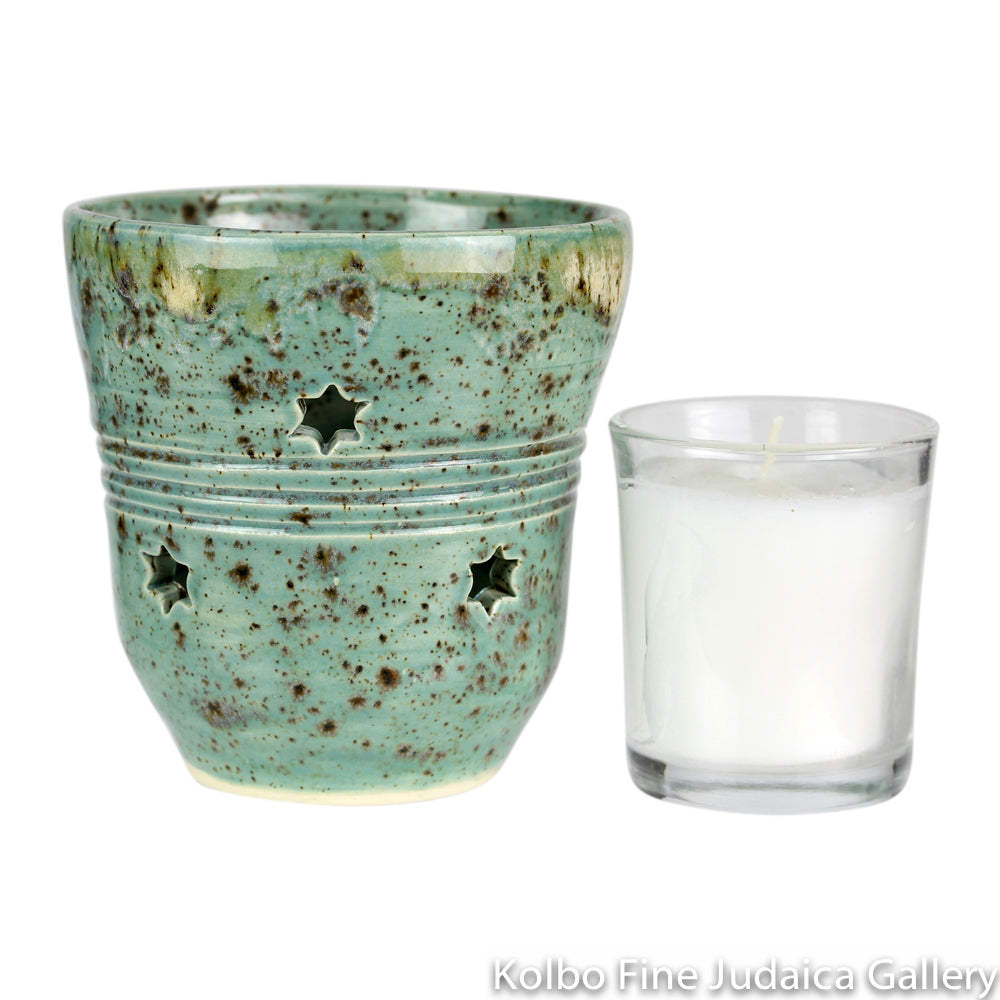 Yahrtzeit Candle Holder, Aqua with Star Cut Outs, Hand Made, Ceramic