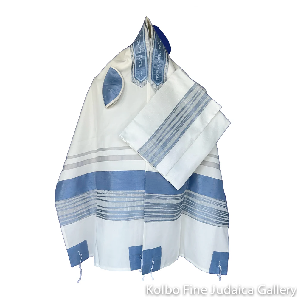 Tallit Set, Raw Silk Light Blue Panel with Silver and Light Blue Stripes, Brushed Cotton