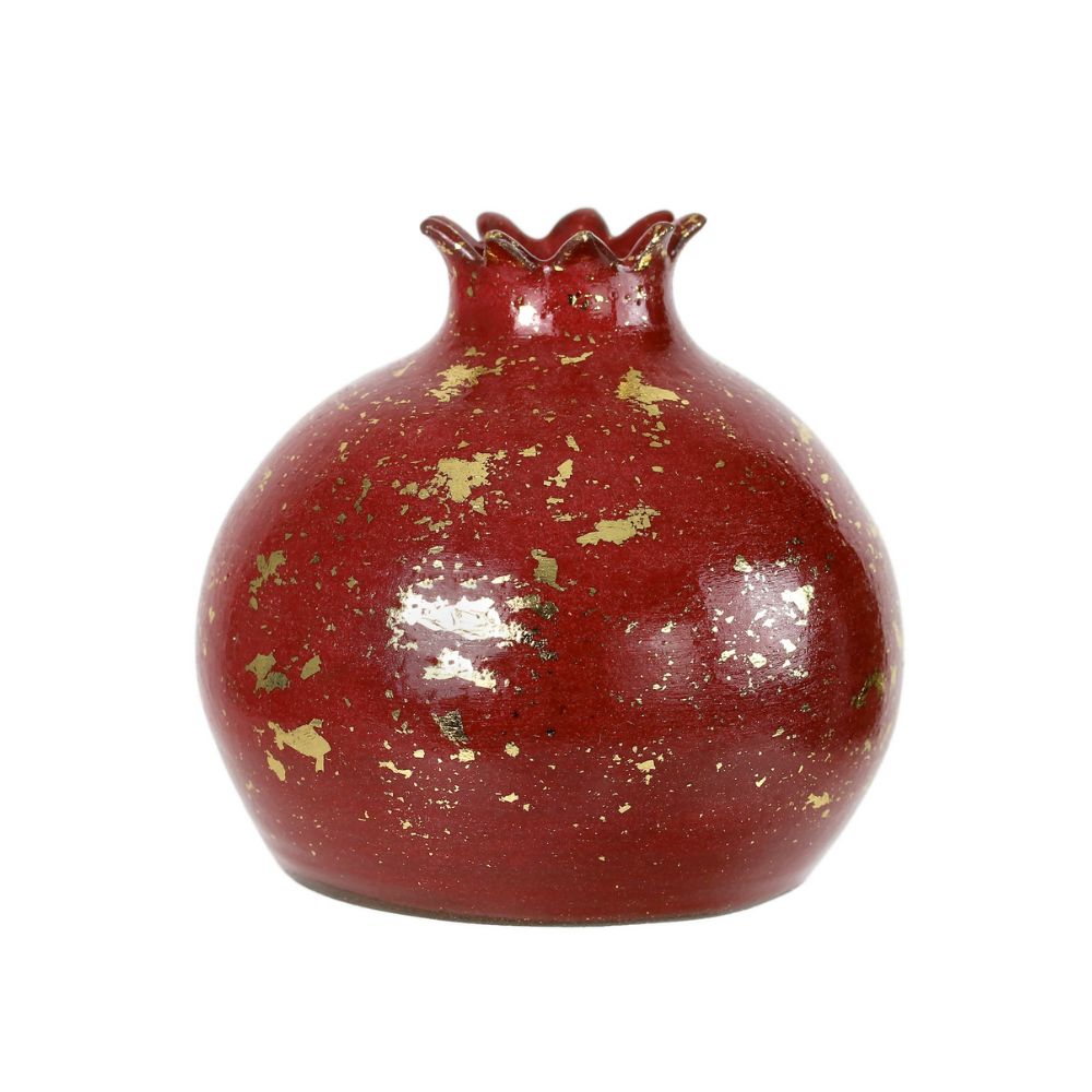 Pomegranate Sculpture, Red Glaze with Gold Detail, High Fired Ceramic