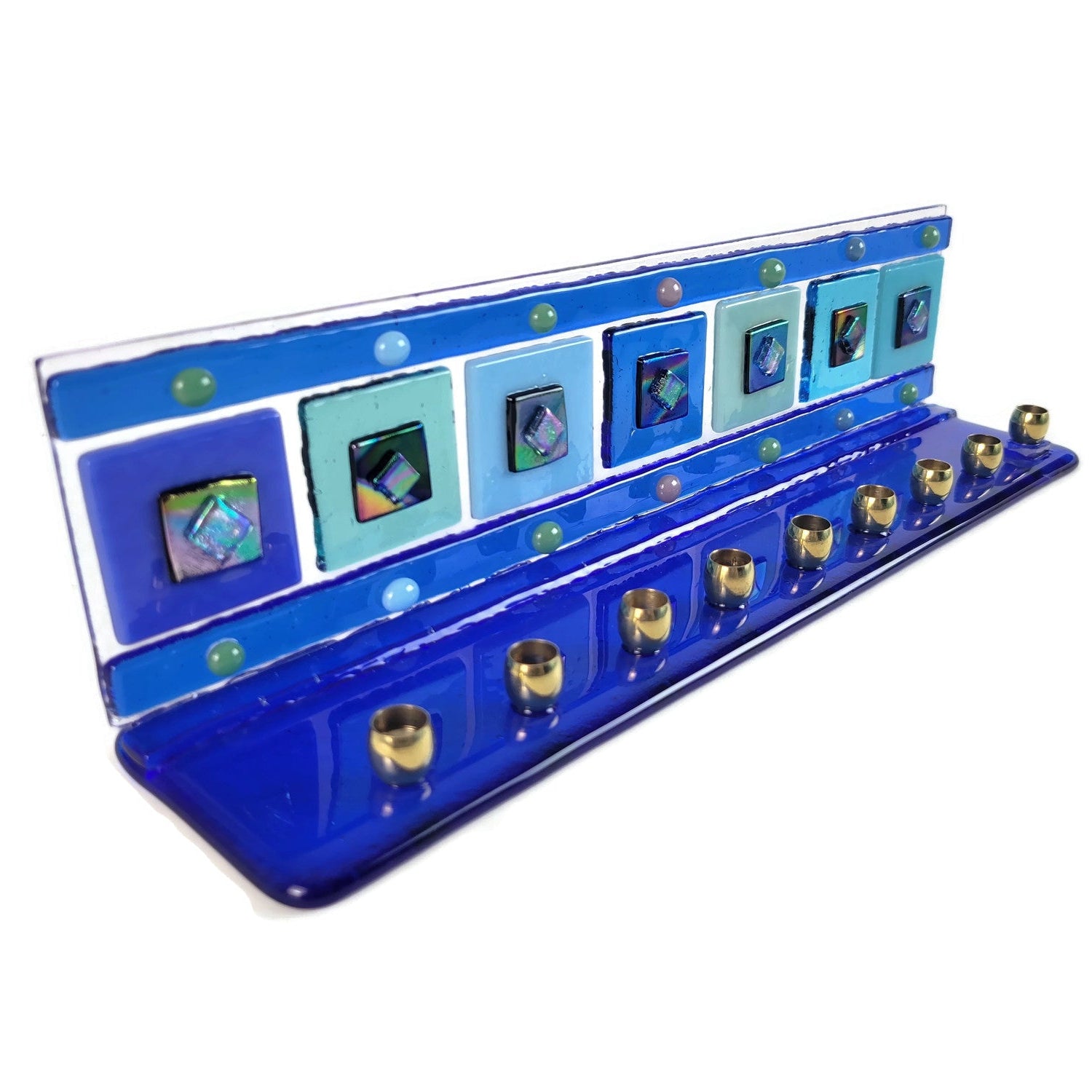 Blue Hanukkah menorah with decorative panels on a white background