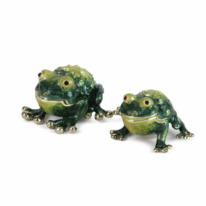 Salt and Pepper Shakers, Two Frogs, Pewter with Enamel and Swarovski Crystals