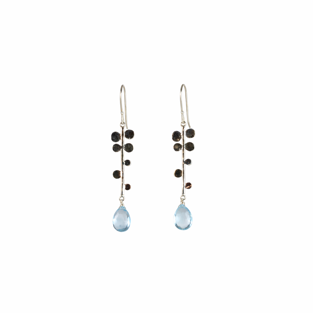 Earring, Vine with Blue Topaz, Sterling Silver and 9K Gold