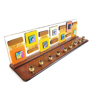 Menorah, Geometric Design, Amber, Hand Made Fused Glass