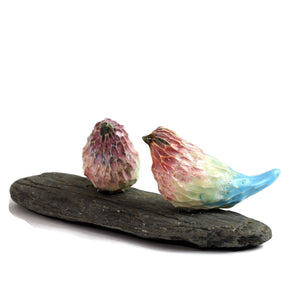 Joyful Day, Two Textured Ceramic Birds on Driftwood, One-of-a Kind Sculpture
