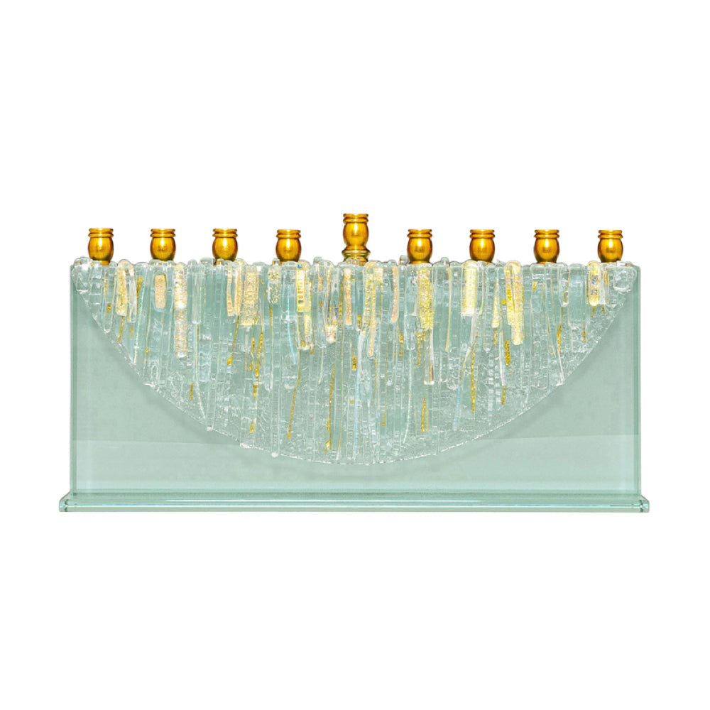 Menorah, Clear Icicle Half Moon, Dichroic Gold Accents, Glass