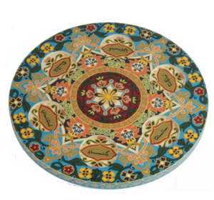 Seder Plate, Hand Painted Wood with Glass Bowls, Aqua with Orange Dots and Yellow Florals