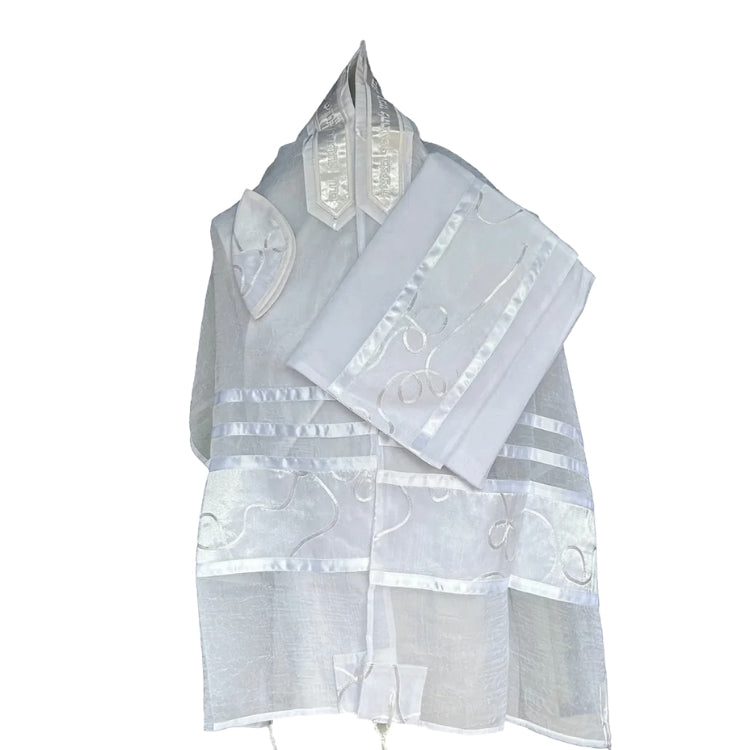 Tallit Set, Sheer White Twirl Design on Chiffon