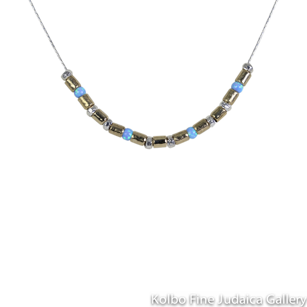 Necklace, Gold, Silver, Blue Opal Beads on Sterling Silver Chain