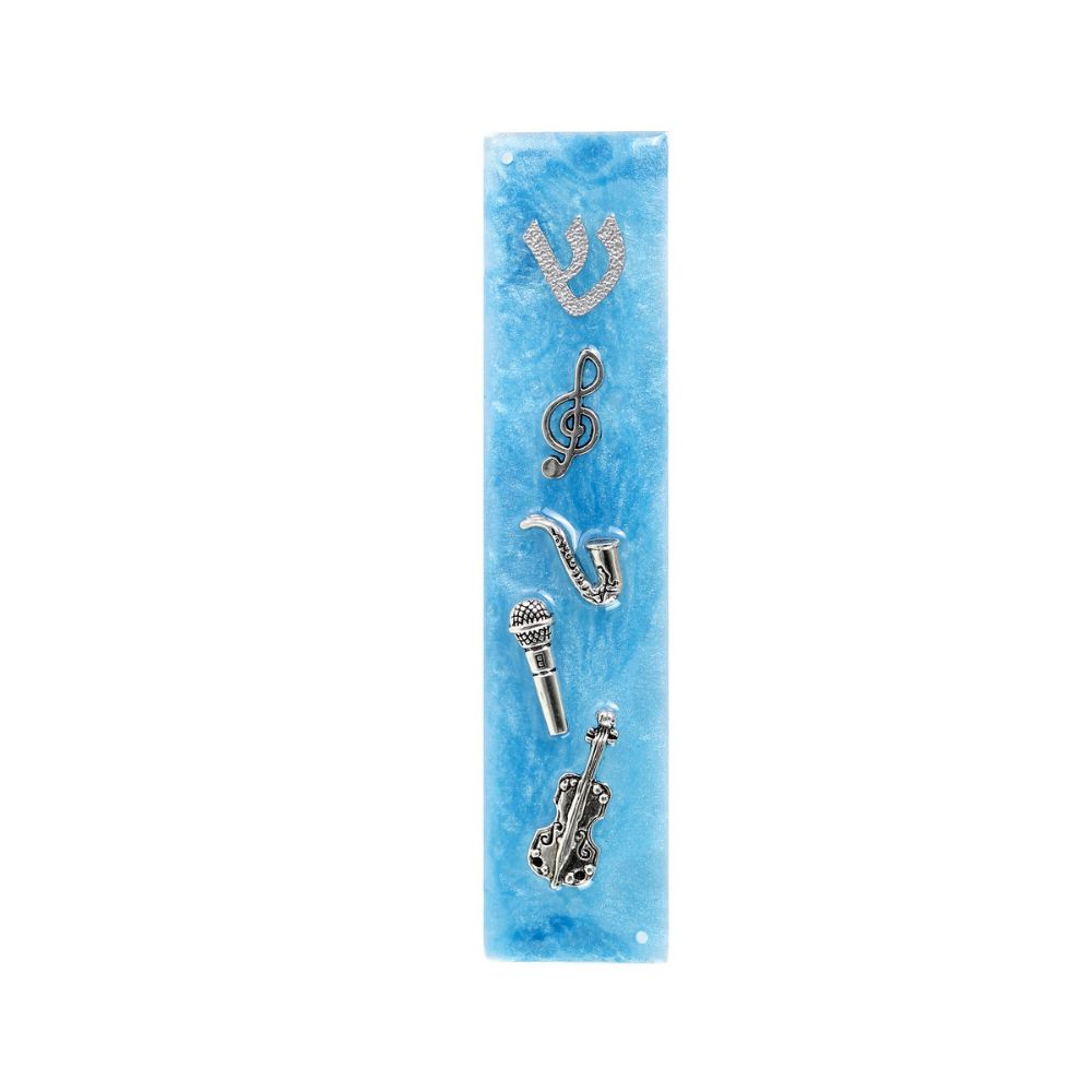Mezuzah, Music Theme on Blue Acrylic and Clear Lucite, Medium