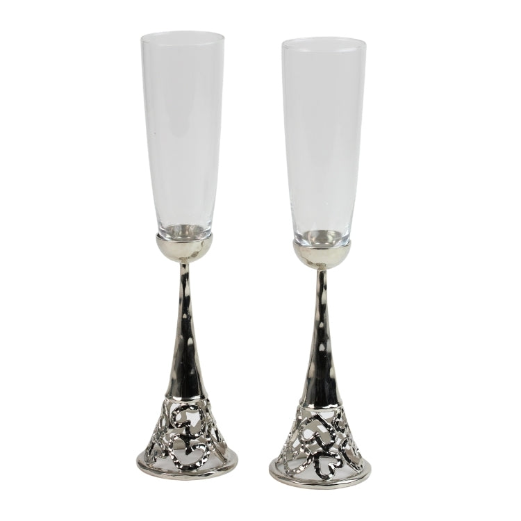 Champagne Toasting Flutes, Heart Design, Nickelplate and Glass