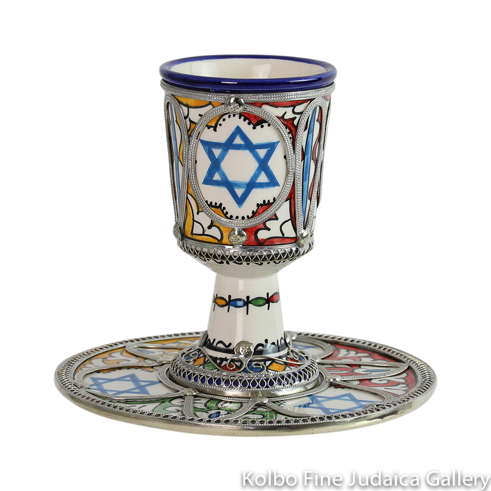 Kiddush Cup and Saucer, Hand-Painted, Sterling Silver Plate and Ceramic, Blue Rim