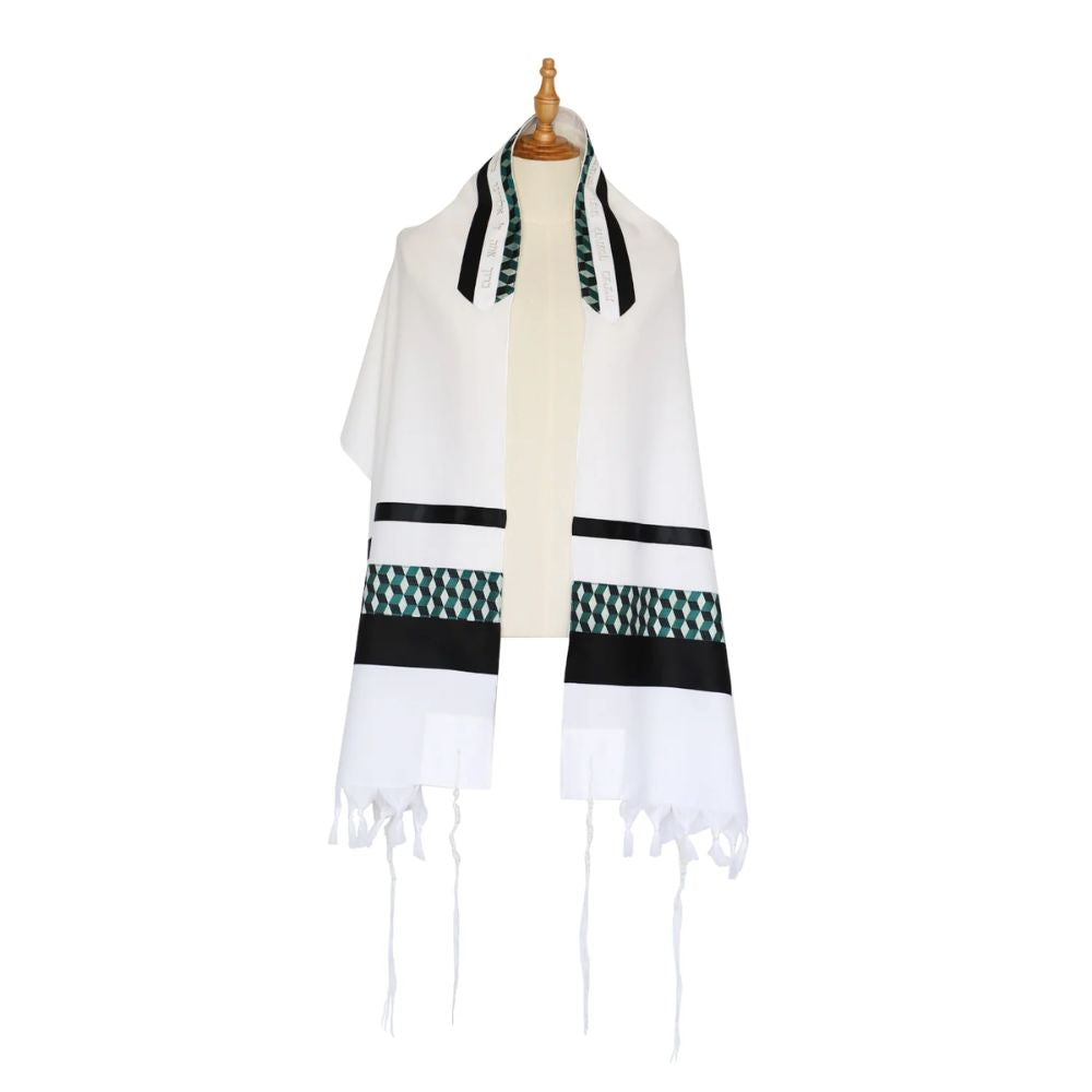Tallit Set, Green Geometric Design, Light Wool, Three Piece Set