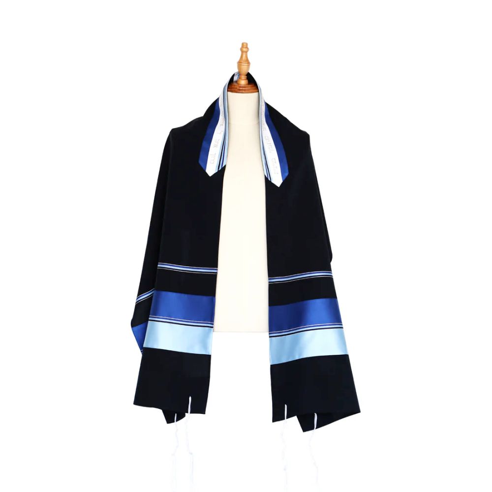 Tallit Set, Multi Blue Striping with Silver Detail, Dark Blue Background