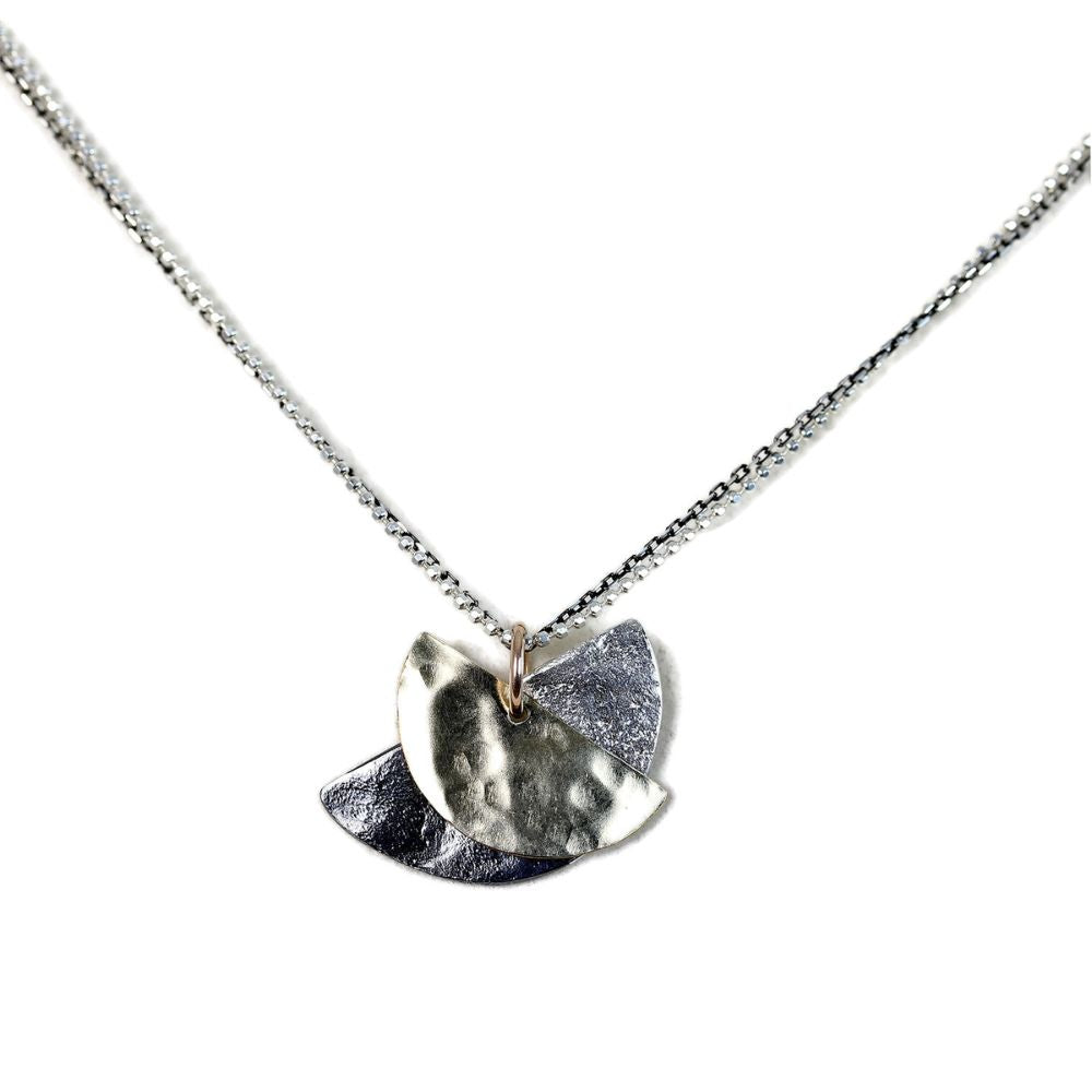 Necklace, Half Moon Shapes of Oxidized and Sterling Silver and Gold Filled, Double Chain