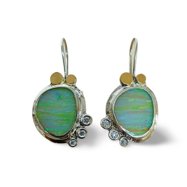 Earrings, White Opal with CZs, 9K Gold Detail, and Sterling Silver