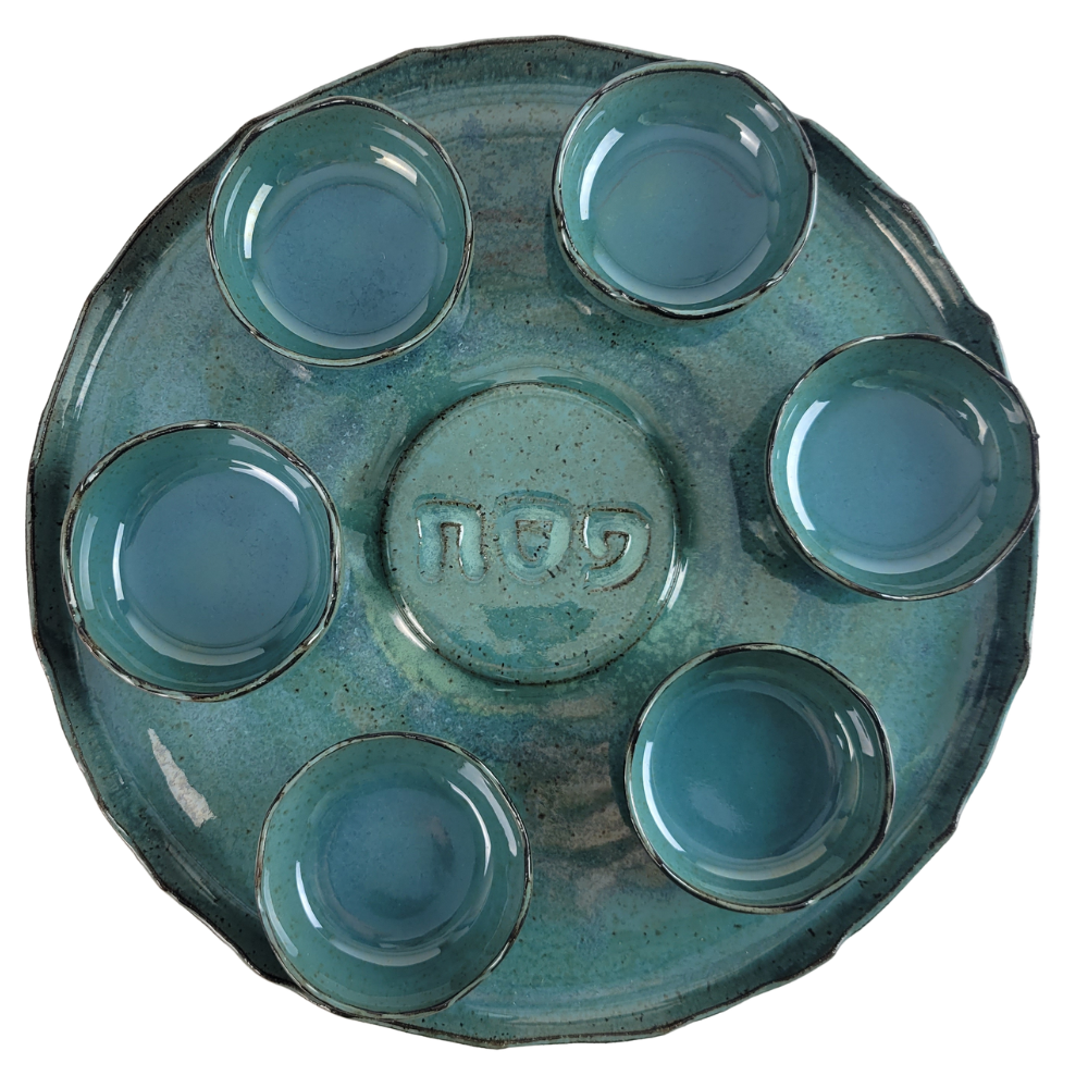 Seder Plate, High Fired Ceramic with Teal Glaze, Wheel Thrown with Hand Sculpted Edges