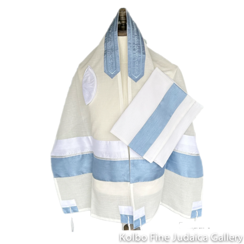 Tallit Set, Three Soft Blue Stripes with Silver Detail on Brushed Cotton, Three Piece Set, 18 x 72