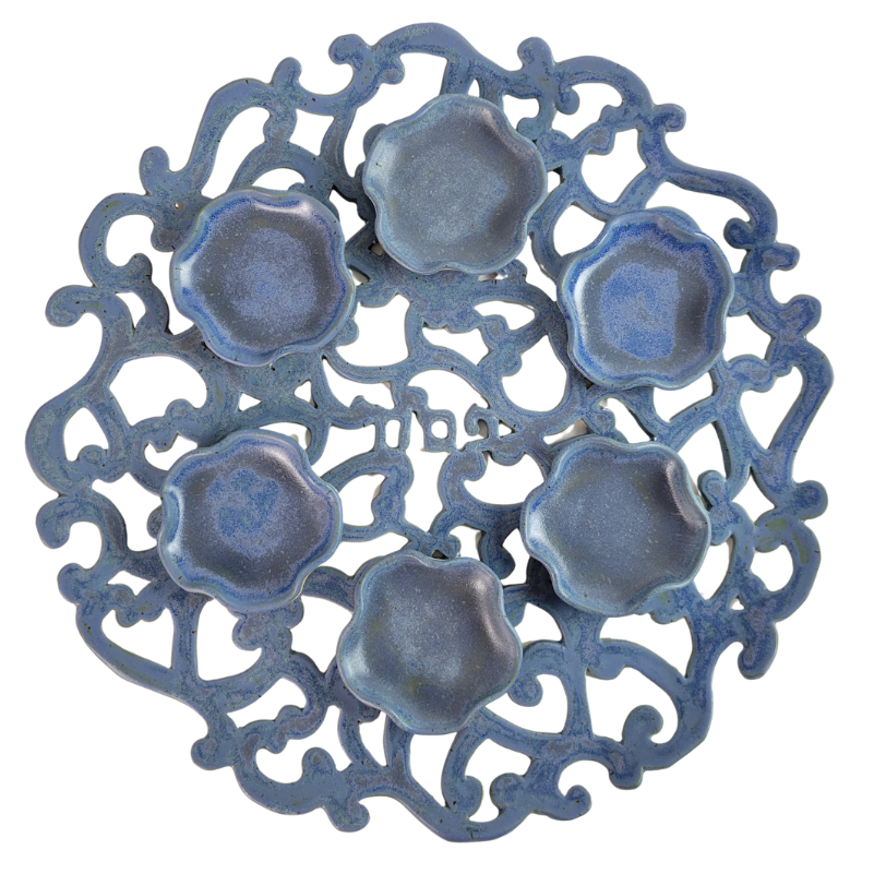 Seder Plate, Hand Cut Design, Ceramic with Blue Glaze, One of a Kind