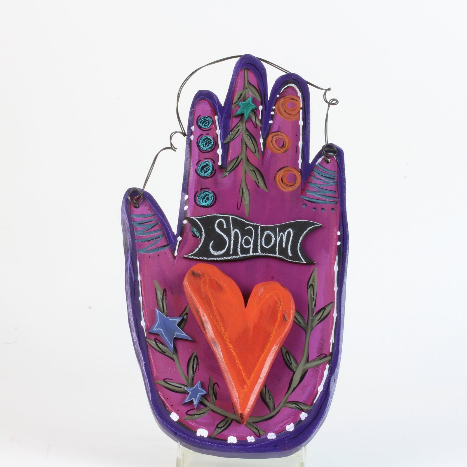 Hamsa, Wall Art, Hand Made, Painted Wood, Shalom, Heart on Deep Pink