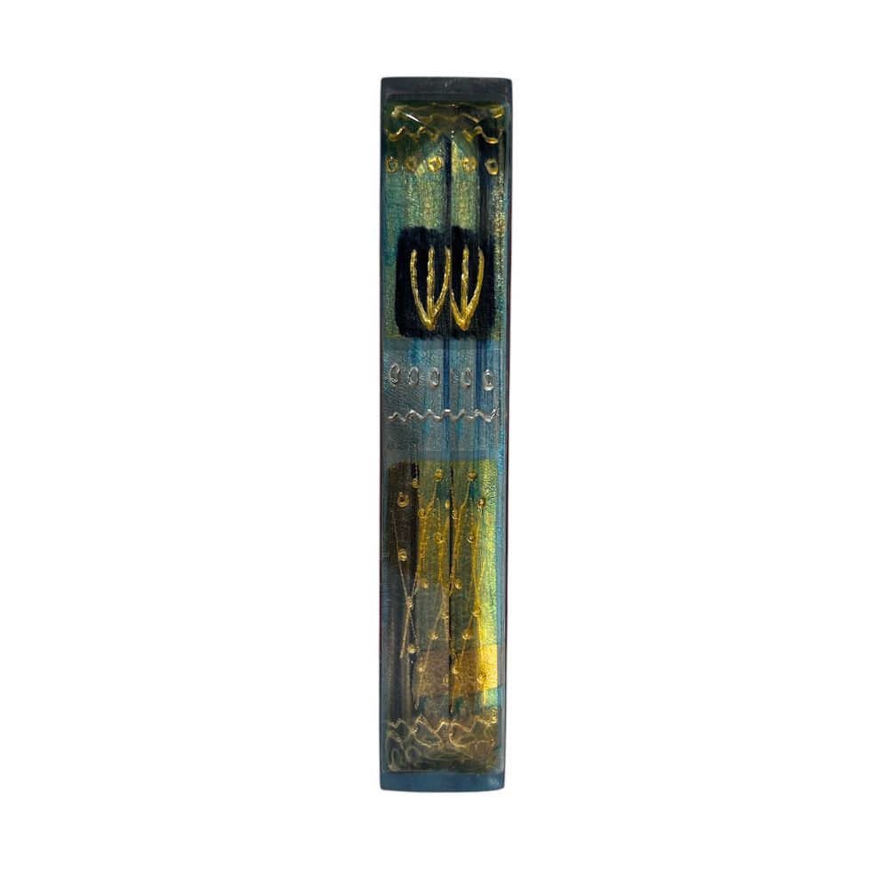 Mezuzah, Hand Painted Design with Gold Leaf, Lucite, One of a Kind