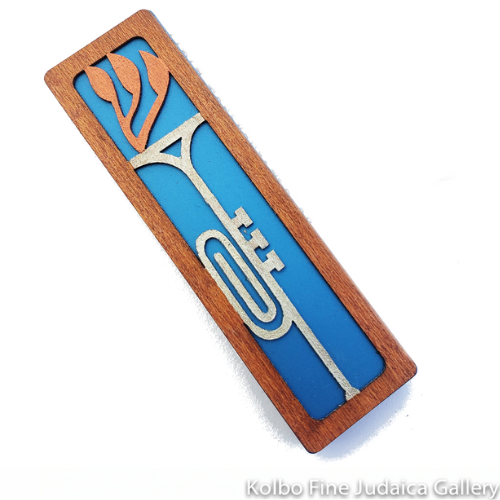 Mezuzah, Trumpet Design, Cut Wood on Aluminum Base, Blue Background
