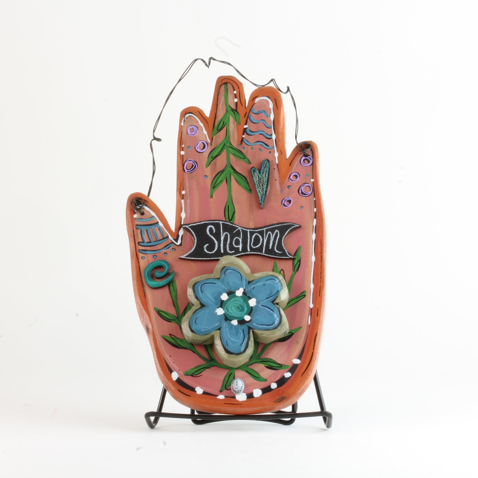 Hamsa, Wall Art, Hand Made, Painted Wood, Shalom, Flower on Light Pink