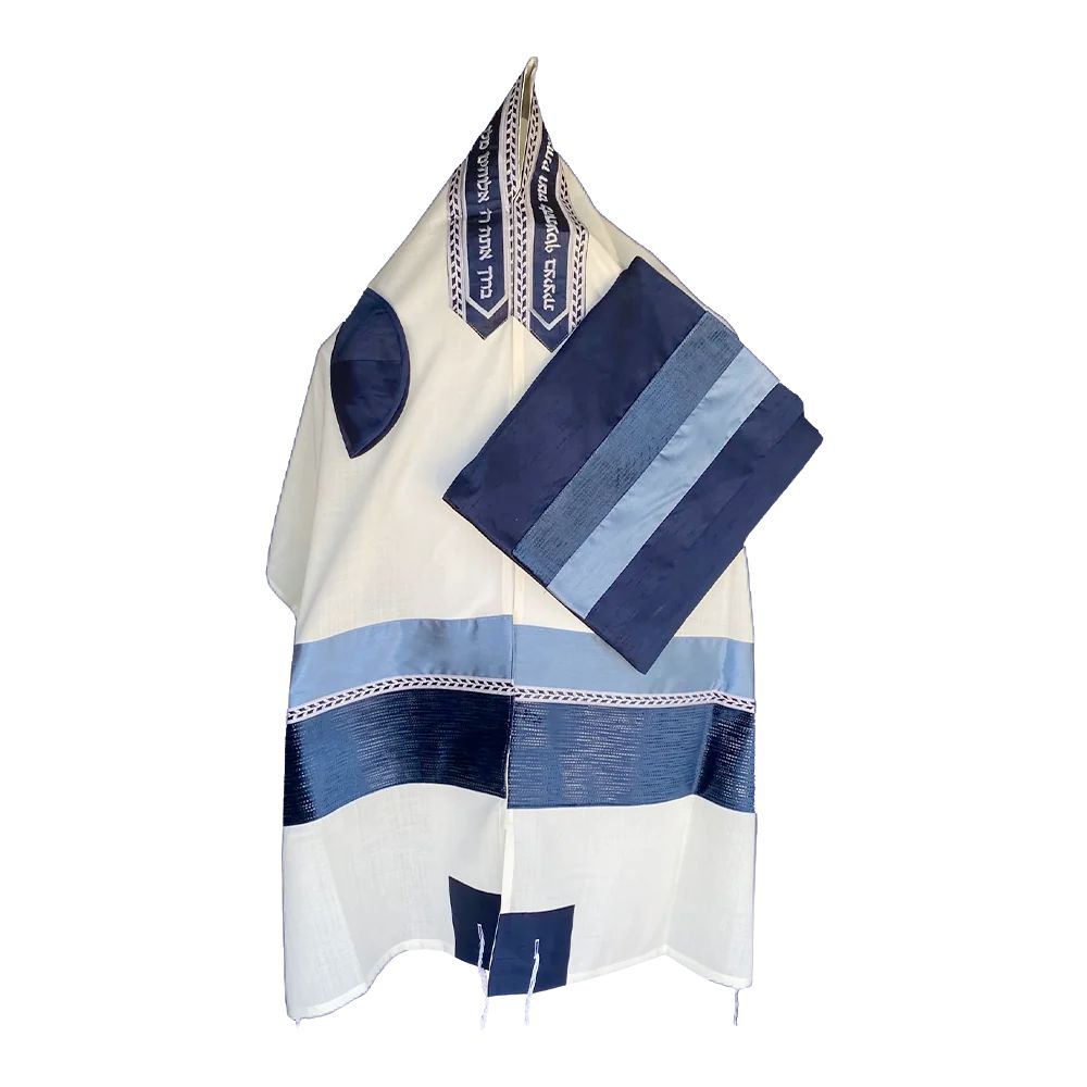 Tallit Set, Dark and Medium Blue Bands