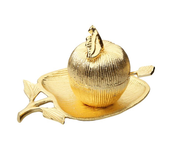 Honey Jar on Small Apple Shaped Plate, Includes Spoon, Goldtone and Stainless Steel