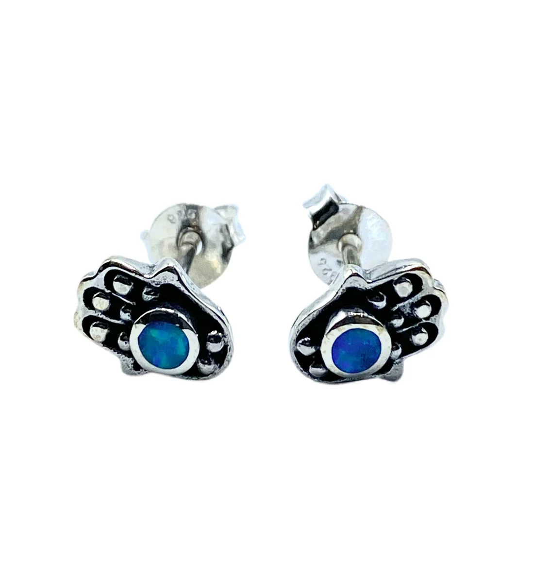 Earrings, Hamsa Outline with Blue Opal Center, Sterling Silver, Post