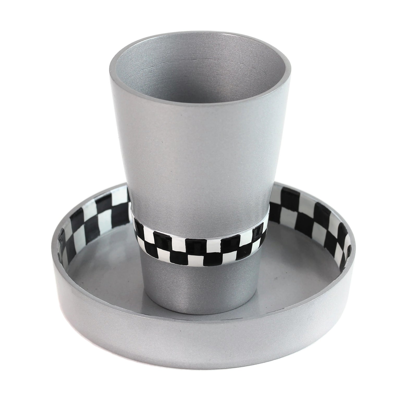 Kiddush Cup and Saucer, Gray with Black and White Hand Painted Checker Detail