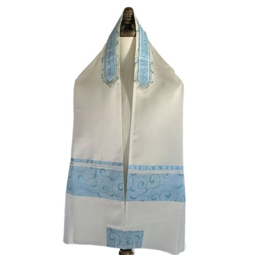 Tallit Set, Soft Aqua Blue Swirl Design, Fine White Cotton