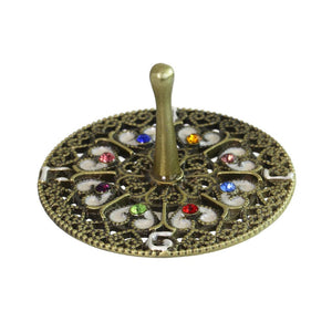 Dreidel, Filigree with Multicolor Gems, Brass Tone