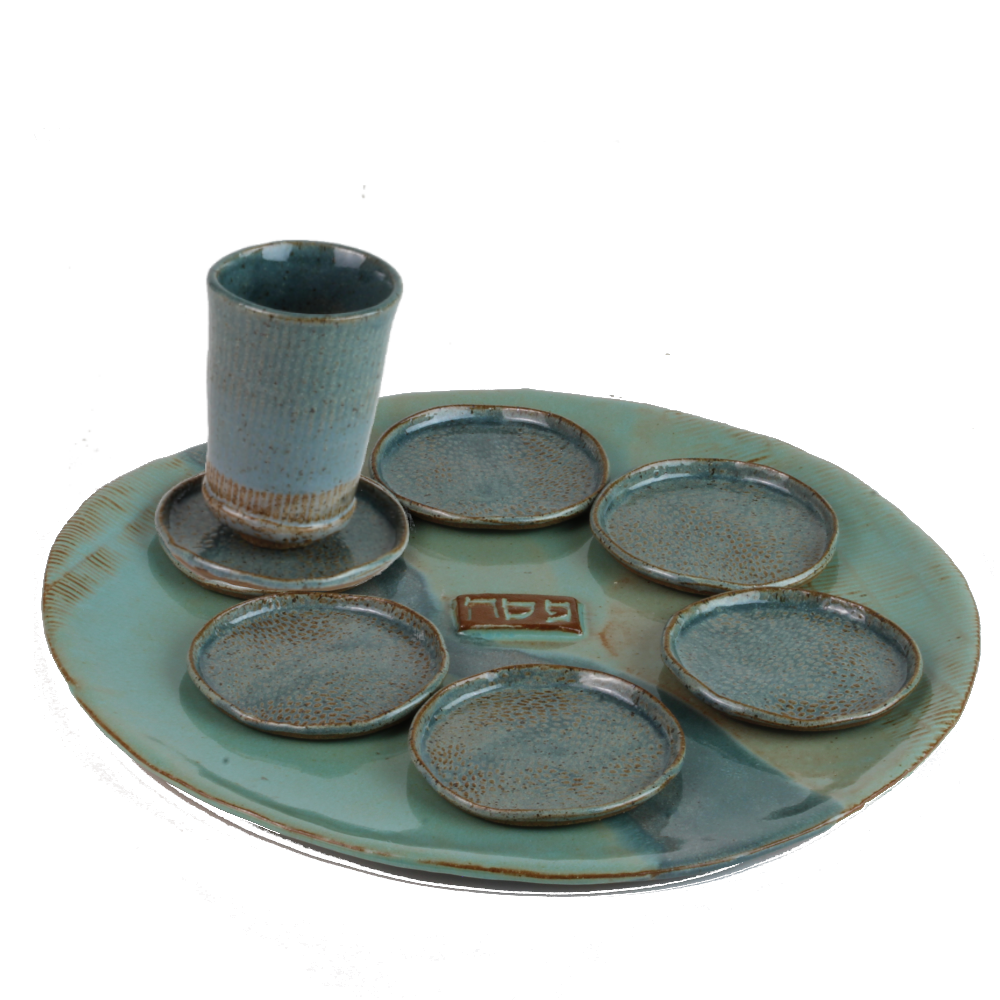 Seder Plate and Cup Set, Green Glazed Ceramic, Round, One of a Kind