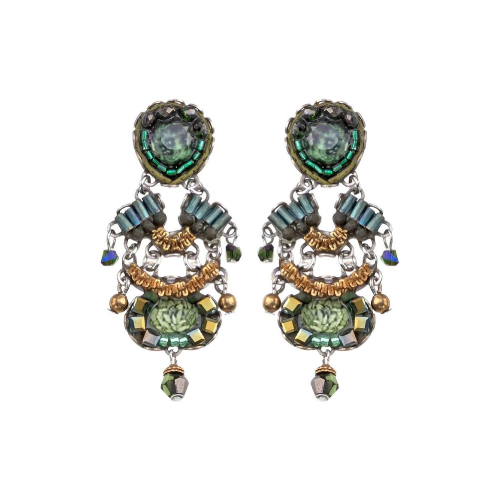 Earrings, Jade, Green, and Gold Beaded Design, Post