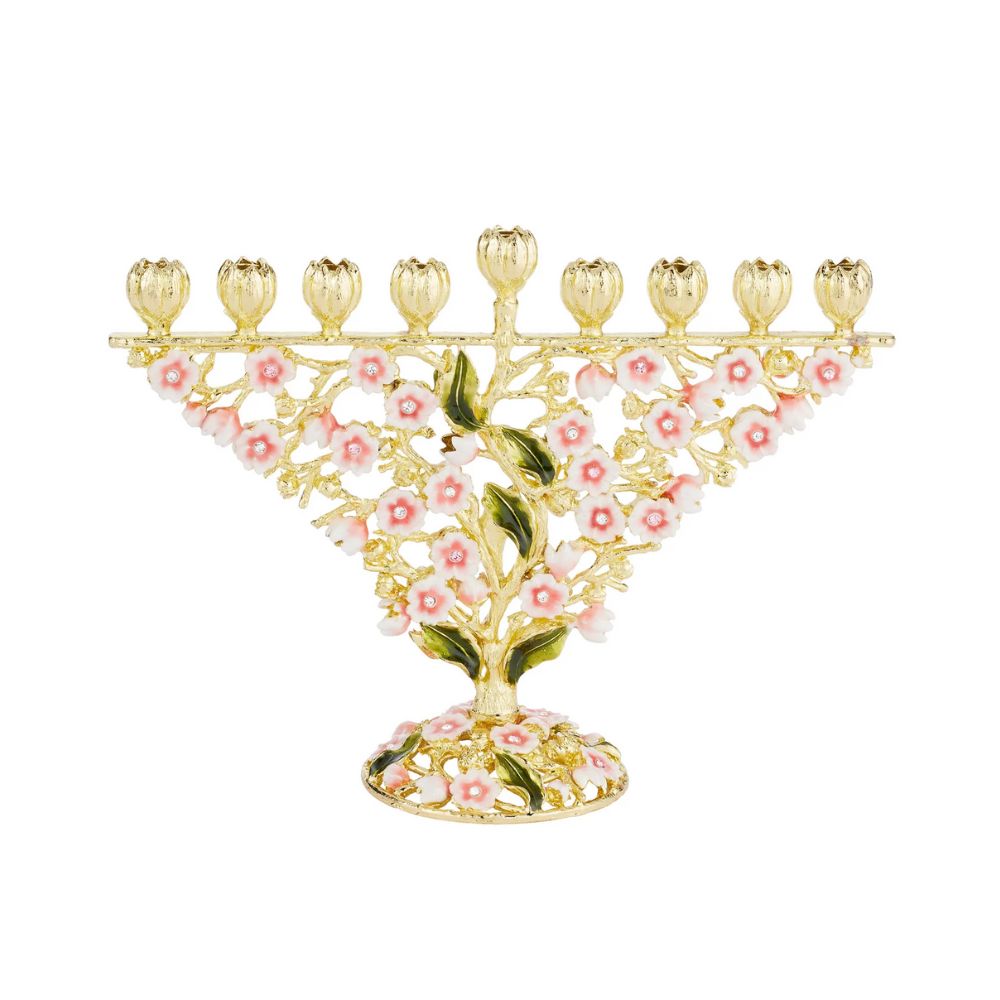 Menorah, Pink Hand Painted Enamel Flowers, European Crystals, Gold Finish Over Pewter