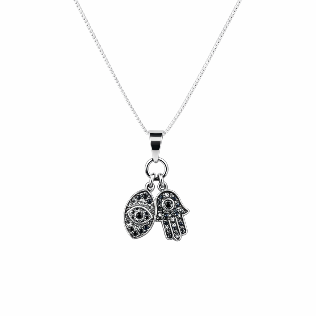 Necklace, Dangling Hamsa and Eye with CZs, Sterling Silver, Includes Chain